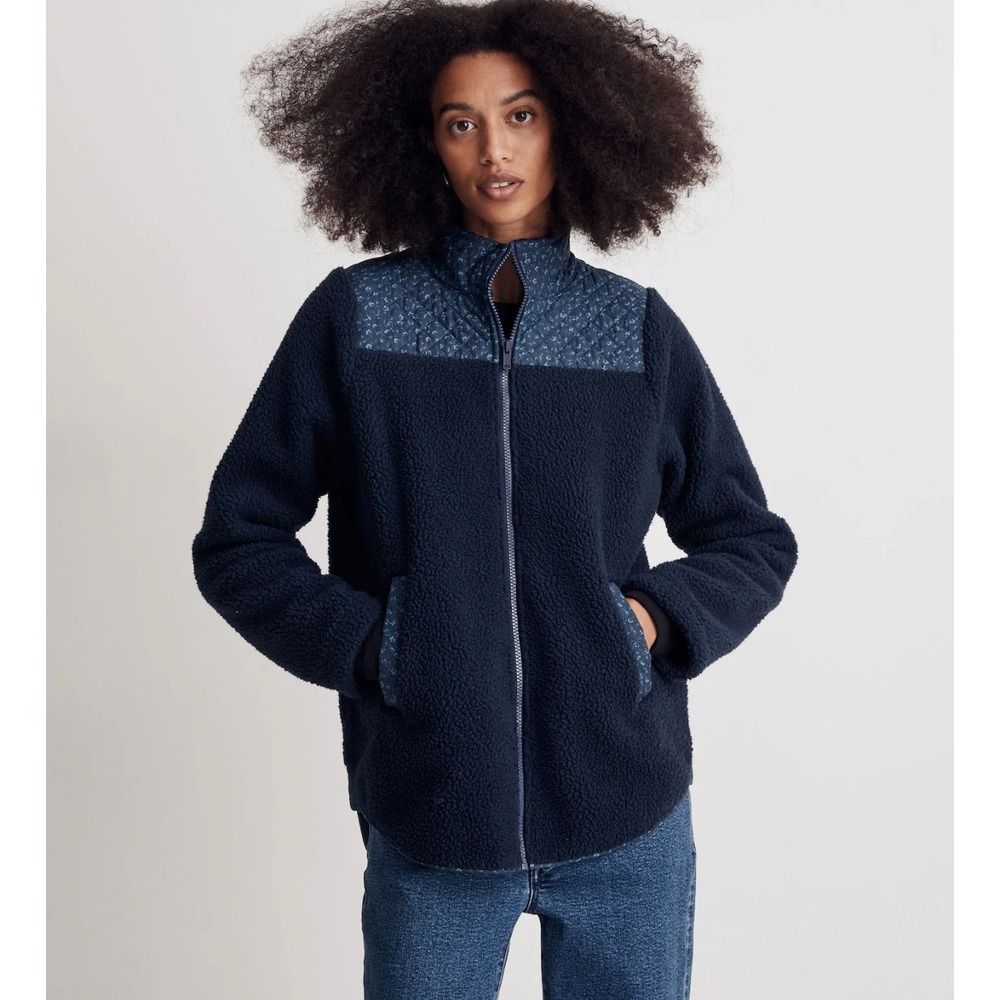 Madewell (Re)sourced Sherpa Zip Front Jacket 2XS Blue/Floral Pockets Oversized